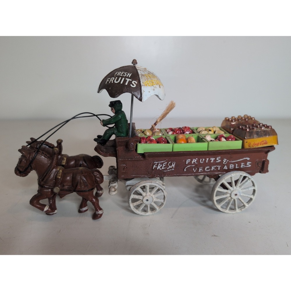 ANTIQUE Cast Iron Fruit Vegetable Wagon Horses Vintage Rustic Primitive Driver